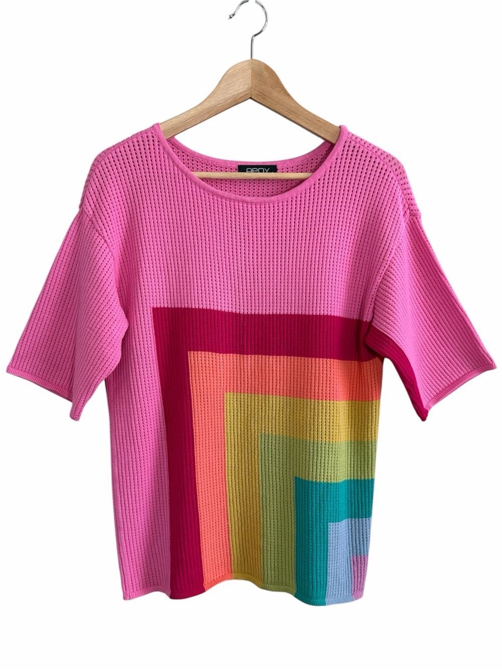 APNY Pink Rainbow Colorblock Sweater Women Size S Open Knit Short Slv Pullover